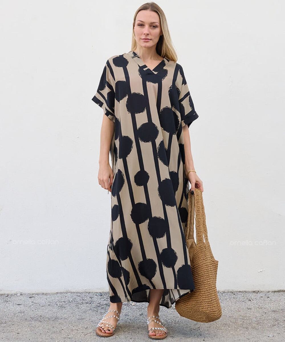 Ornella Caftan Blue Polka Dot Black Boho V Neck Maxi Dress One Size OS NWT Gift
